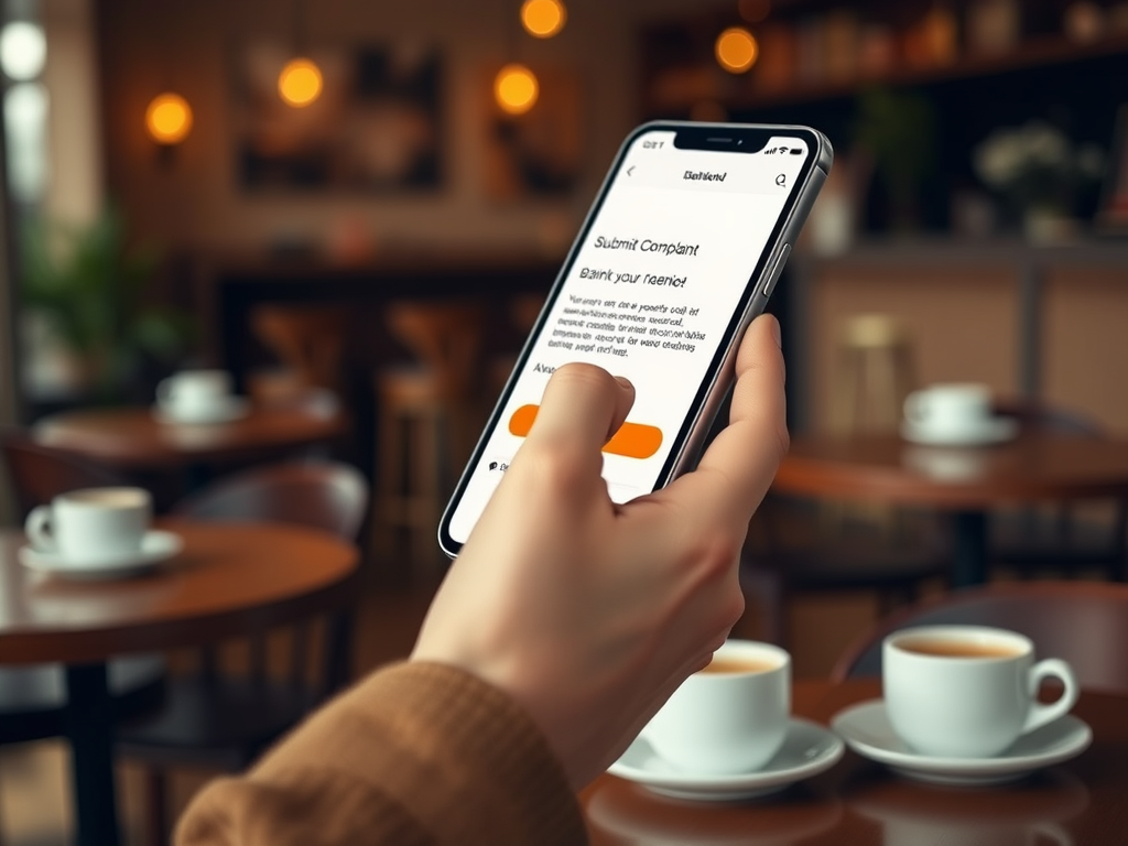 На изображении телефон с экраном, где оформляется жалоба в уютном кафе с чашками кофе на столе.